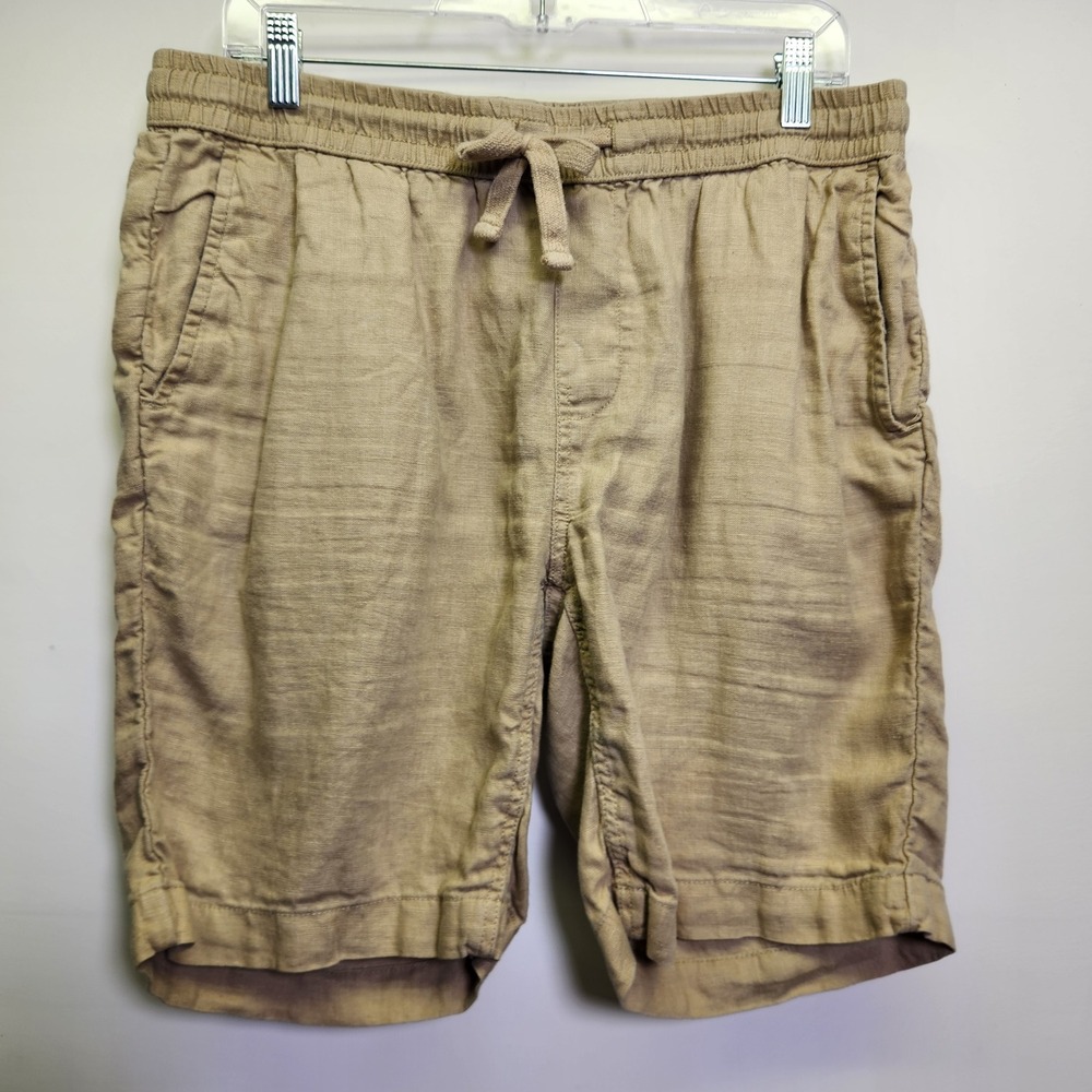 Monoprix Premium 100% Linen Drawstring Shorts 32 Khaki Tan 8" Inseam Pull On